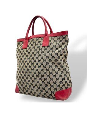 Gucci GG Canvas Leather Tote Gray Red Monogram Casual Classic